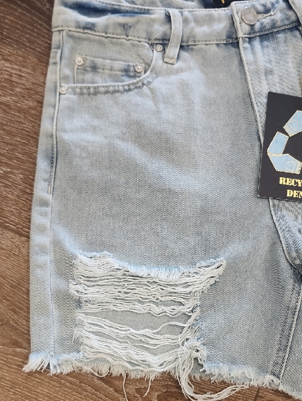 Indigo Rein Recycled Sustainable Light Blue Distressed Grunge High Rise Shorts 7 - Picture 3 of 10